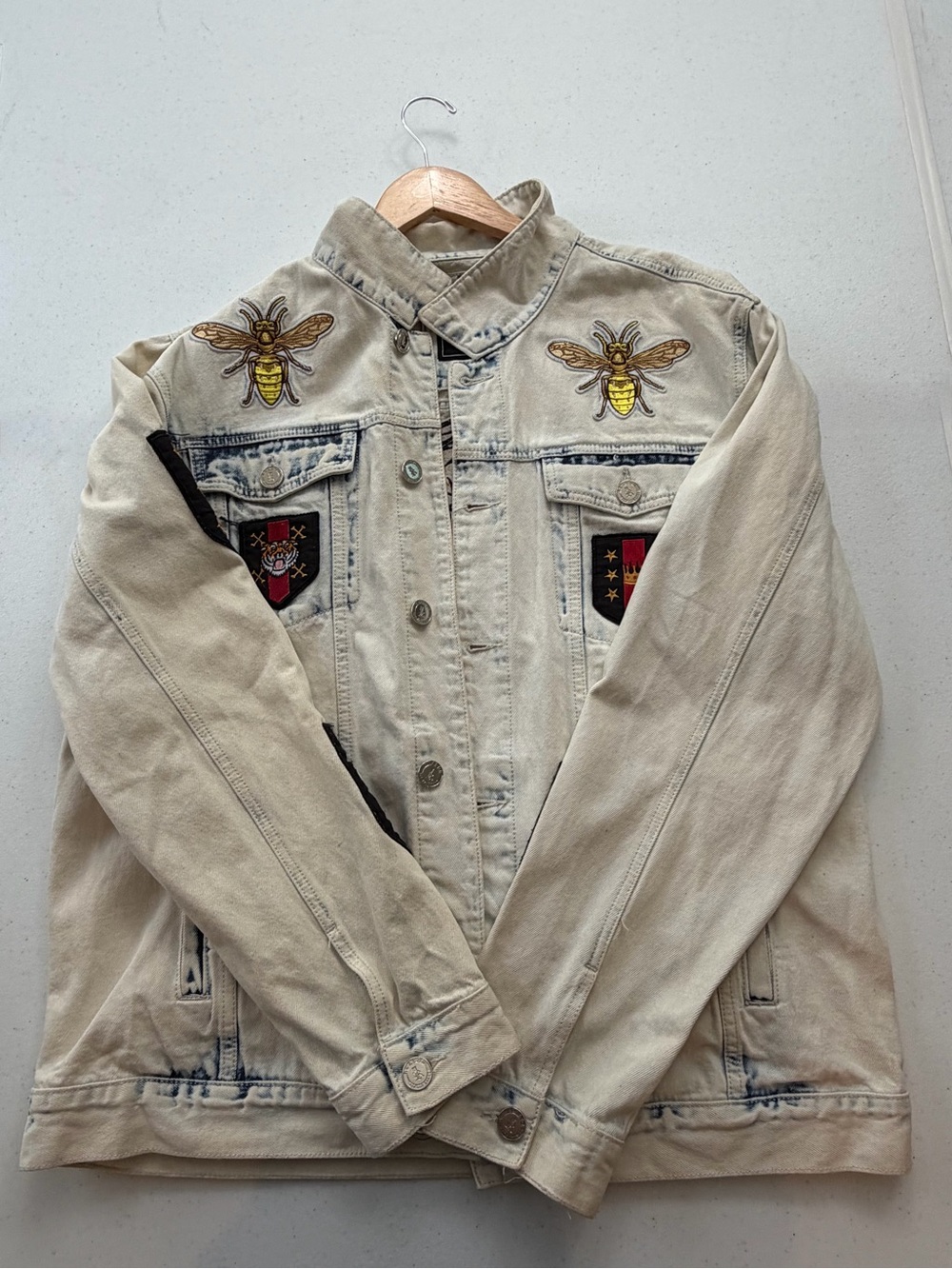 Reason Cream Denim Jacket with Bee Embroidery